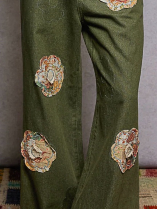 POL Pants - POL Olive Green Wide Leg Pants with Floral Appliqué